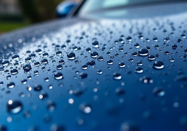 Water beading on a car hood with a ceramic coating.