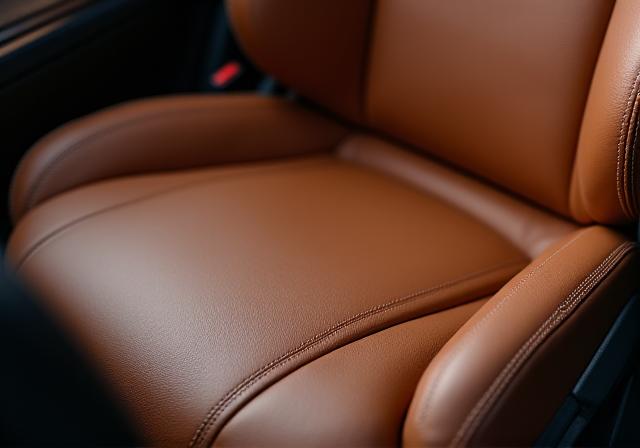 A close-up of a perfectly clean and conditioned luxury car leather seat.